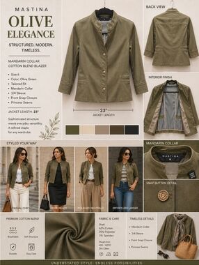 Sz 6 Olive Green Mastina Structured Blazer Mandarin Collar Cotton Blend